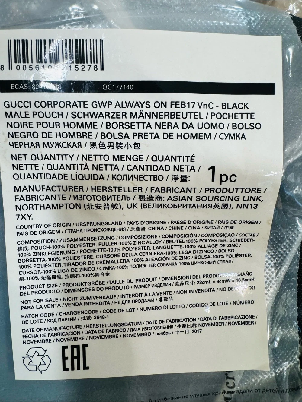 Gucci Parfums Black Nylon Travel Pouch Bag— NEVER USED, Original Packaging 2017